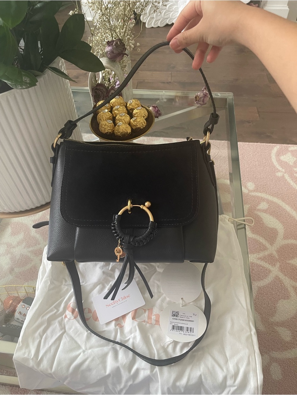 NWT See By Chloe Black Leather Ring-Accent Shoulder Bag